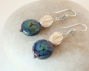 Artisan Made Lampwork Earrings, Blue Swirl Glass Sterling Dangle Earrings, Purple Gray Blue On Dark Blue Core,  Fluted Thai Sterling Beads