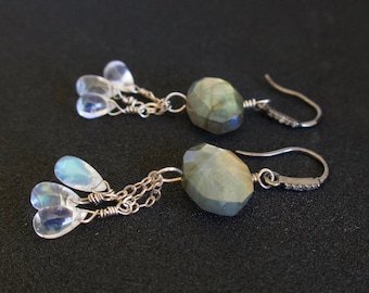 Labradorite Moonstone Blue Flash Gemstone Earrings Sterling Silver Genuine Diamond Pave Ear Wires