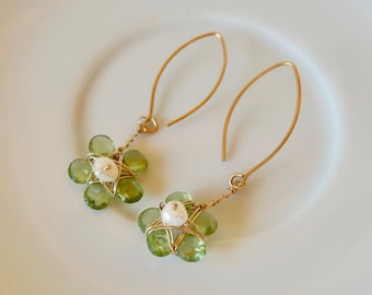 Genuine Peridot Gold Earrings Peridot Flower August Birthday Earrings Green Gemstone Dangles