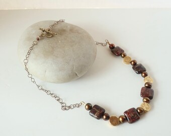 Square Red Brown Jasper Gold Necklace Red Jasper with Copper Pearls and Textured Flat Round Gold Beads Fall Color Jasper Jewelry