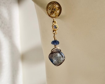 Kyanite Earrings Dainty Blue Gemstone Gold Earrings on Gold Vermeil CZ Flowers