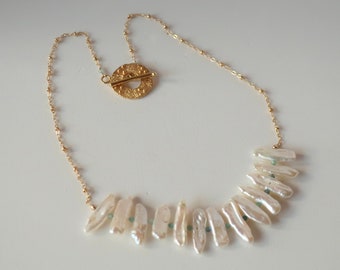 White Stick Pearl Necklace Bib necklace with Blue Green Rare Grandidierite Gemstones