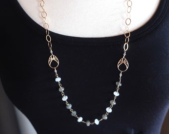 Long Labradorite Moonstone Gemstone Necklace on 14k Gold Filled Chain