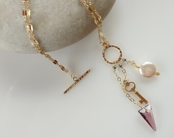Convertible Necklace Short or Long Gold Layering Necklace with Front Toggle Clasp and Charms