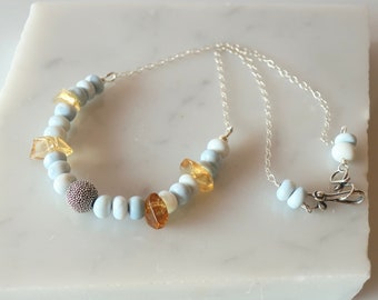 Natural Blue Opal Citrine Chain Necklace, Blue and Yellow Chunky Gemstone Necklace, Resort Jewelry, Necklace Gift for Mom