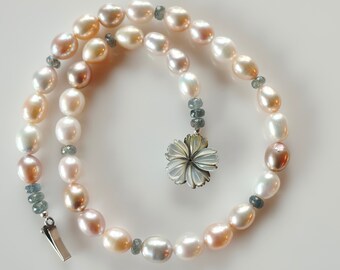 Freshwater Multicolor Pearl Necklace, Luxury Pearls with MOP Flower Clasp, June Birthday, Bridal Pearls, June Pearl Gift