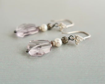 Pink Amethyst Dangle Earrings Unique Faceted Pink Gemstone Earrings Diamond Pave Beads