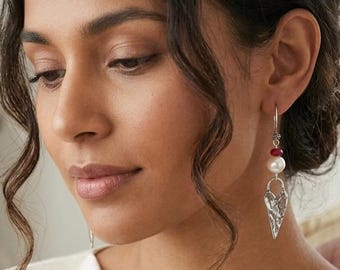 Ruby Pearl Heart Dangle Earrings: Handmade Reticulated Sterling Silver