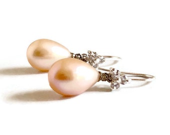 Genuine Pink Pearl Earrings Cubic Zirconia on Sterling Pearl Drops June Birthday Bridal Jewelry
