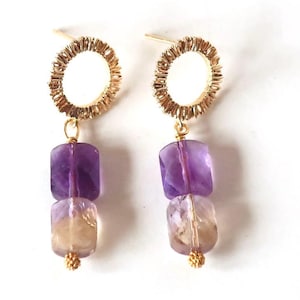 Natural Ametrine Earrings on Textured Gold Vermeil Circle Earrings,  AAA  Faceted Ametrine Dangle Earrings,