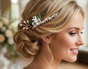 Dainty Pearl Polymer Clay Flower Bridal Hair Comb, Fine Austrian Crystals, Pearl Flower Hair Jewelry
