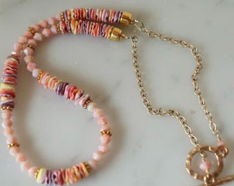 Greek Summer Shell Necklace, Natural Pink, Purple, Yellow, Red Wavy Pectin Heishi, Resort Necklace