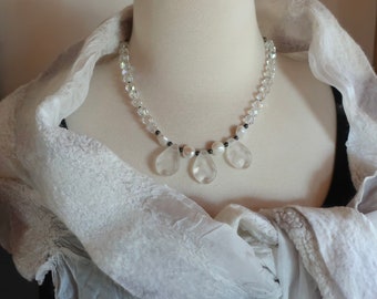 Vintage Fine Crystal and Matte Lucite Necklace with Hematite Accent Beads