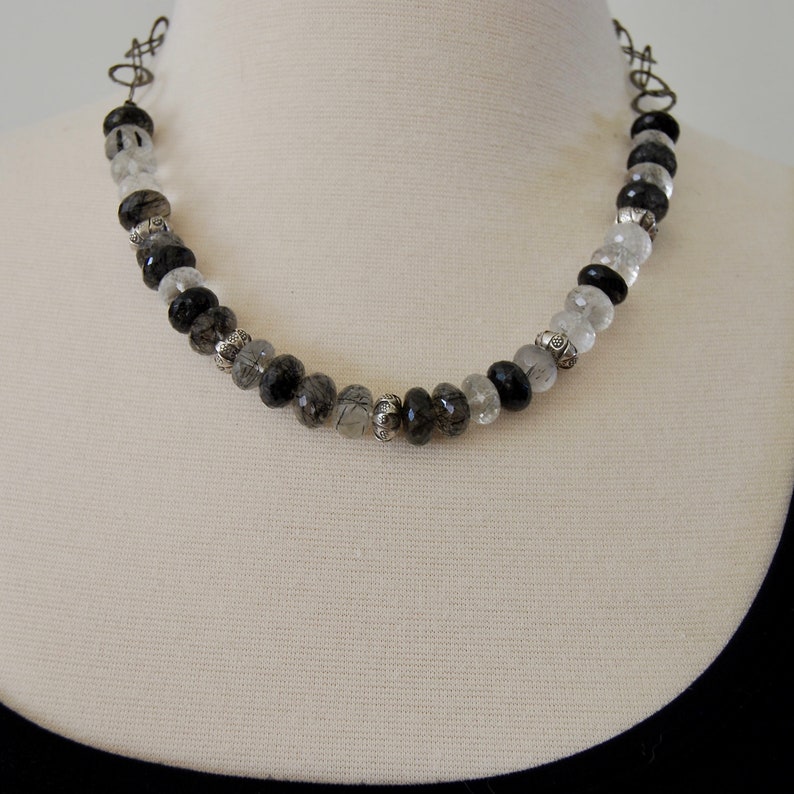 Black Rutilated Quartz Necklace with Handmade Sterling Hook Clasp Black White Quartz Gemstones Oxidized Sterling Quartz Necklace image 5