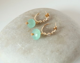 Aqua Briolette Gold Earrings, CZ Gold Half Hoops with Dangling Chalcedony, Faceted Pale Blue Cube Chalcedony Dangles
