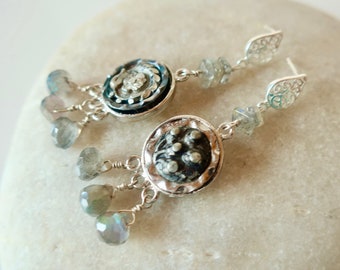 Antique Steel Cut Button Earrings with Labradorite Drops Victorian Button Dangles on Sterling Silver