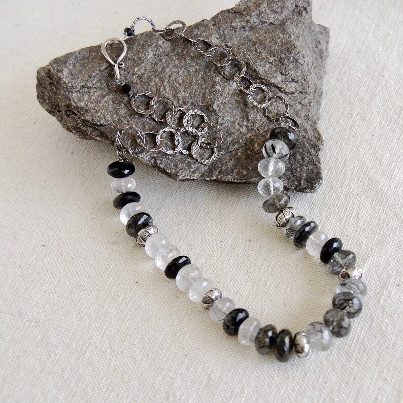 Black Rutilated Quartz Necklace with Handmade Sterling Hook Clasp Black White Quartz Gemstones Oxidized Sterling Quartz Necklace image 4