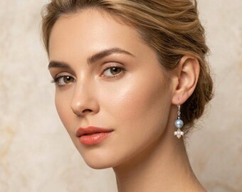 Pale Blue Pearl Dangle Earrings with White Pearl Clusters, Sterling Silver Leverback Drops, Something Blue Bridal Jewelry, Bridesmaid Gift