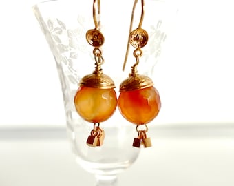 Gold Carnelian Dangle Earrings Natural Orange Gemstone Faceted