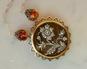 Antique Button Pendant Necklace Repurposed Victorian Brass Button Jewelry