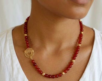 Long Carnelian Beaded Necklace: Red Orange Gemstone, Gold Vermeil Toggle and Beads, Layering Statement