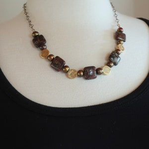 Square Red Brown Jasper Gold Necklace Red Jasper with Copper Pearls and Textured Flat Round Gold Beads Fall Color Jasper Jewelry image 3