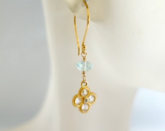 Genuine Aquamarine Earrings  with Gold Vermeil Clear Quartz Crystal Charms March Birthstone