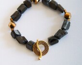 Black Tourmaline Bracelet Nugget Gemstone Bracelet Bronze Glass Beads Bronze Toggle Clasp Stackable Bracelet Bronze Jewelry Chunky Bracelet