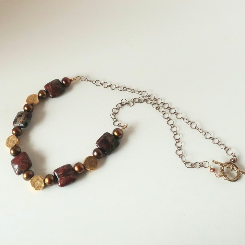 Square Red Brown Jasper Gold Necklace Red Jasper with Copper Pearls and Textured Flat Round Gold Beads Fall Color Jasper Jewelry image 4