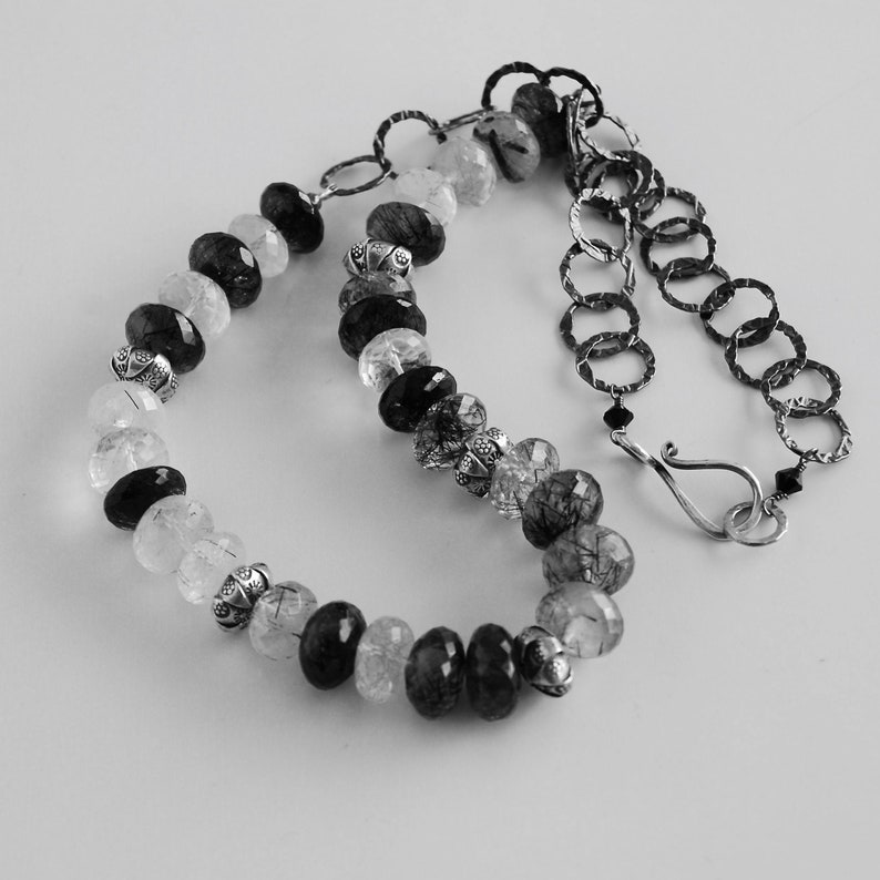 Black Rutilated Quartz Necklace with Handmade Sterling Hook Clasp Black White Quartz Gemstones Oxidized Sterling Quartz Necklace image 1