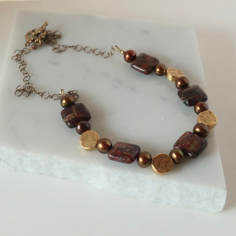 Square Red Brown Jasper Gold Necklace Red Jasper with Copper Pearls and Textured Flat Round Gold Beads Fall Color Jasper Jewelry image 2