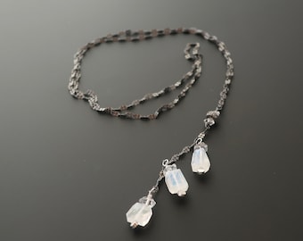 Moonstone Y Necklace on Sterling Silver with Rainbow Nuggets Moonstone Lariat