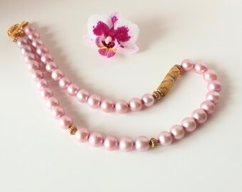 Rose Pink Pearl Necklace with Murano Glass Bead , Asymmetrical Pearls, Gold Vermeil Toggle, Pink Pearl Necklace Gift, June Birthday Gift