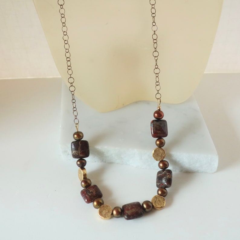 Square Red Brown Jasper Gold Necklace Red Jasper with Copper Pearls and Textured Flat Round Gold Beads Fall Color Jasper Jewelry image 5