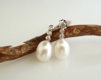 White Teardrop Pearl Earrings on Sterling CZ Studs, Fresh Water Everyday Pearls