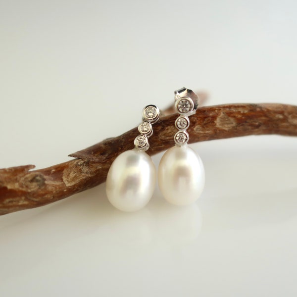 White Teardrop Pearl Earrings on Sterling CZ Studs, Fresh Water Everyday Pearls