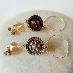 Repurposed Mismatched Antique Button Earrings, Victorian Steel Cut 1800s Vintage Button Jewelry, Fine Genuine Gold Crystal Dangles