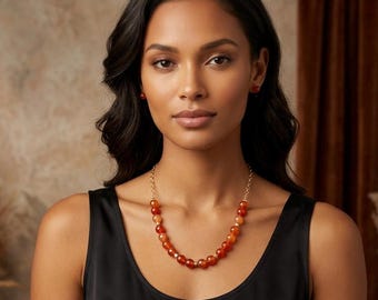 Red Orange Gold Carnelian Necklace, Faceted AAA Gemstones with Gold Vermeil, Long Statement Necklace