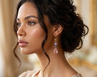 Pink Faceted Teardrop Crystal Ametrine Earrings, Bridal Crystal Dangles on Gold Vermeil Hooks, Prom Earrings,  Romantic Spring Formal