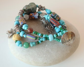 Vintage Buffalo Nickel Southwestern Charm Bracelet Triple Strand Turquoise African Trade Bead Bracelet Cowboy Charms