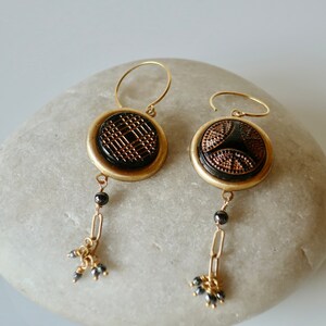 Victorian Button Earrings Black Gold Button Statement Earrings Repurposed Button Dangles image 3