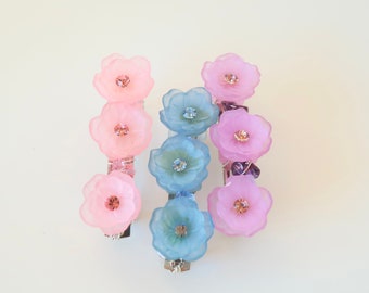 Floral Barrette for Girl,  Pink ,Purple, or Blue Flower Fine Crystals French Barrette