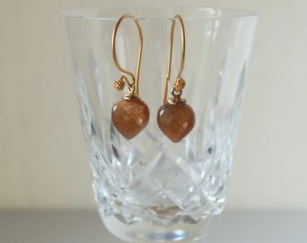 Golden Moonstone Acorn Earrings, 18k Gold Vermeil Ball Ear Wires, Minimalist Nature Jewelry, Elegant 14k Gold Filled Caps, Gift for Her