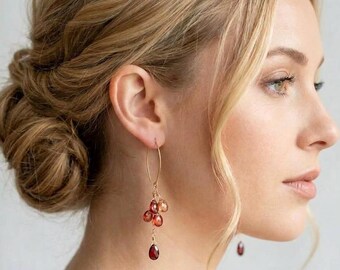Long Garnet  Cluster Earrings, Orange Red Gemstone Dangles, January Birthday, Luxe Ombre Hessonite Gemstones, 2nd  Anniversary