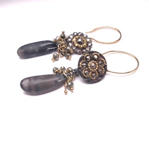 Natural Gray Moonstone Antique Button Earrings Mismatched Vintage Earrings Repurposed Antique Buttons