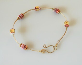 Greek Bracelet, Summer Heishi Shell on Textured 24k Gold Plated Wire, Natural Pink, Purple, Yellow, Red Wavy Pectin Heishi, Resort Jewelry