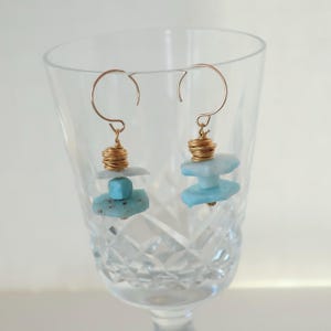 Raw Natural Larimar Gold Earrings, 14k gold Filled Unpolished Larimar Dangles, Semi- Precious Raw Stone Earrings