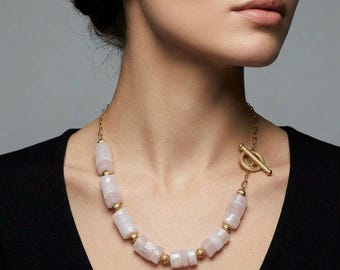 Chunky Raw Rose Quartz Beaded Gold Vermeil Necklace, Natural Pink Quartz Vermeil Statement Necklace