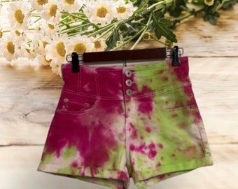 Junior Size 7 Tie Dye High Waisted Shorts Pink Green Button Fly