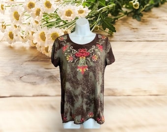 Acid wash T Shirt Embroidered Floral brown cotton bohemian short sleeve by Artist Jodiann Post